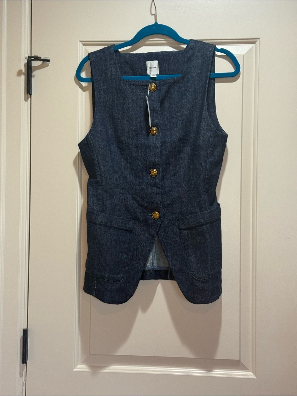 Maeve Dark Blue Denim Vest with Gold Buttons